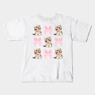 Girly Pink Bows and Kittens Y2k Coquette Aesthetic Kids T-Shirt